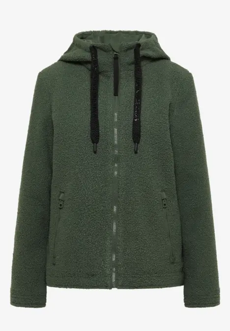 Dunkelgrüne Fleece-Jacke mit Kapuze, Reißverschluss und schwarzen Kordeln