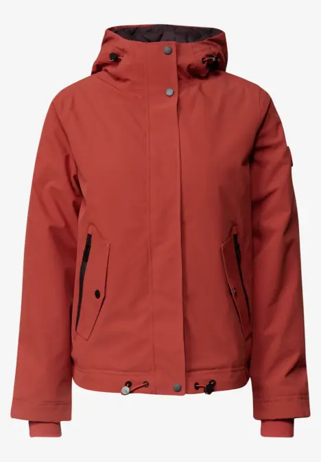 Veste rouge à capuche avec poches zippées, cordon de serrage à la taille et poignets élastiques.