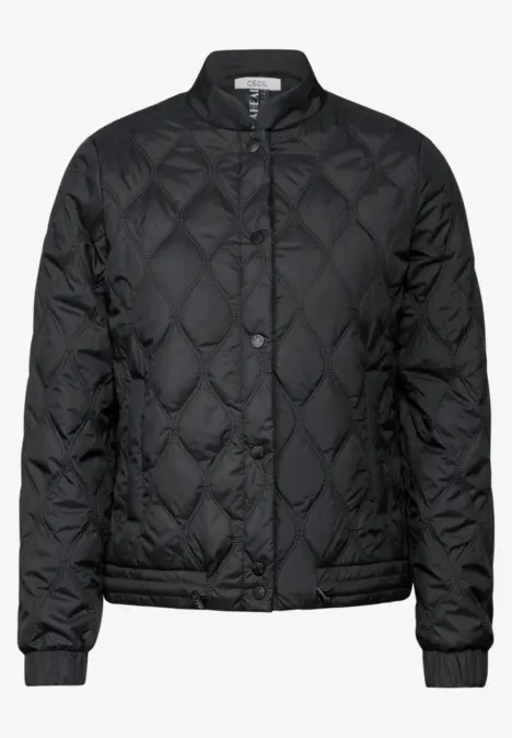 Schwarze, gesteppte Jacke mit Rautenmuster und Stehkragen.
