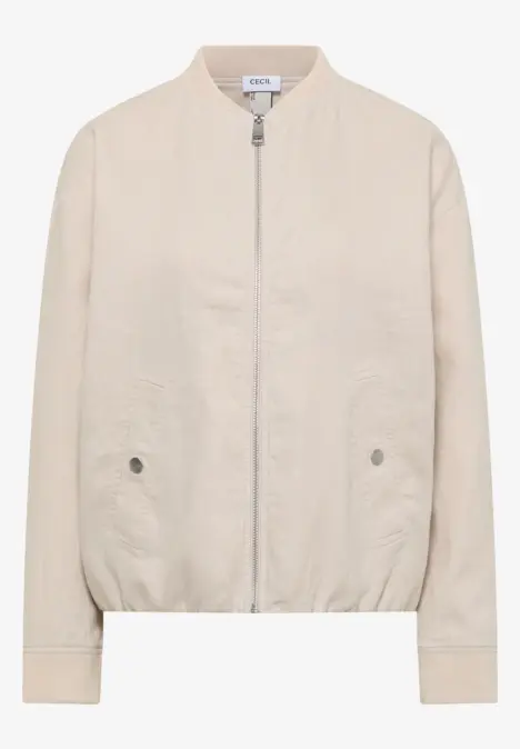 Hellbeige Bomberjacke mit Reißverschluss, geraden Ärmeln, zwei Eingrifftaschen und elastischem Saum.