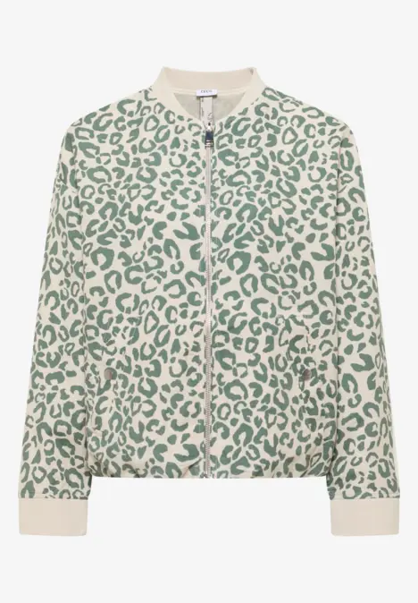 Beige bomberjack met groen luipaardprint, rits en geribde boorden