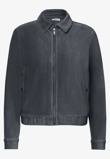 Schlichte, dunkelgraue Jacke mit durchgehendem Reißverschluss, Hemdkragen und elastischem Bund.