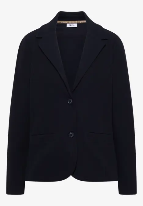 Schwarzer, eleganter Blazer mit Reverskragen, zwei Knöpfen und aufgesetzten Taschen.