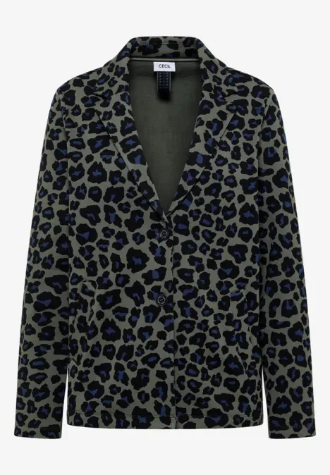 Grüne Blazer-Jacke mit dunkelblauem Leopardenmuster und Reverskragen.