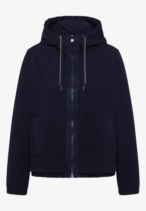 Dunkelblaue Kapuzenjacke mit durchgehendem Front-Reißverschluss und seitlichen Taschen.