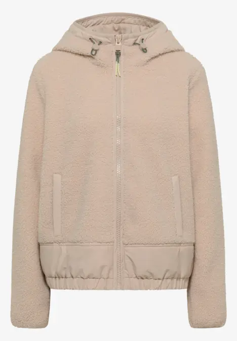 Beige teddyfleece-Kapuzenjacke mit Reißverschluss, Eingriffstaschen und elastischem Saum.
