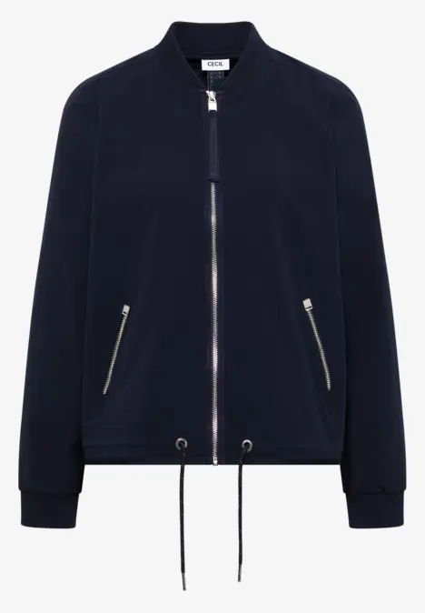 Dunkelblaue Bomberjacke mit mittigem Reißverschluss, Reißverschlusstaschen und Kordelzug am Saum
