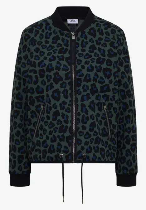 Bomberjacke mit grünem Leo-Print, Reißverschluss, Rippbündchen und Kordel am Saum.