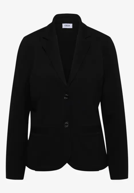 Schwarzer taillierter Damenblazer mit Reverskragen und Knopfleiste.