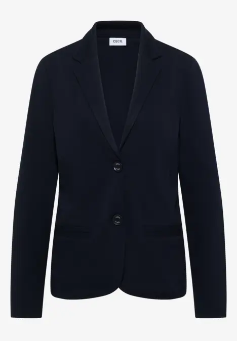 Dunkelblauer Blazer mit zwei Knöpfen, klassischem Revers und zwei aufgesetzten Taschen.