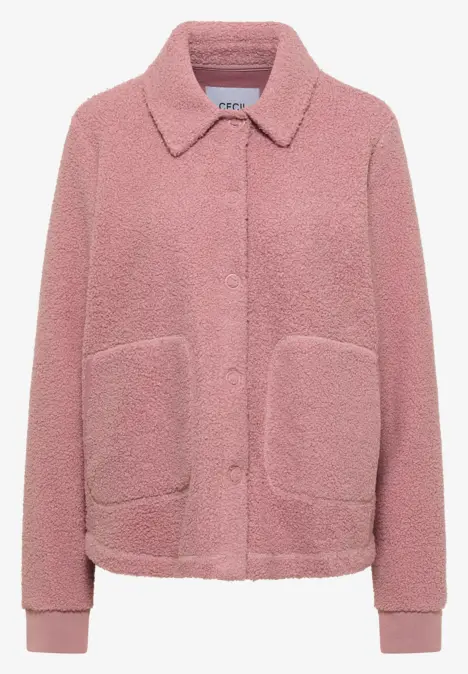 Rosa Teddy-Fleecejacke mit Knopfleiste, Hemdkragen und aufgesetzten Taschen