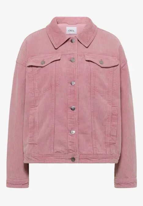 Rosafarbene, lässige Jeansjacke mit Knopfleiste, Kragen und Brusttaschen.
