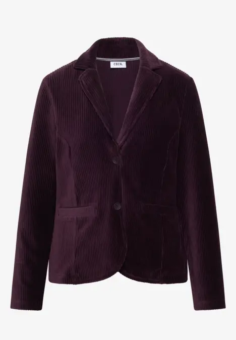 Damenblazer aus dunklem Pflaumen-Samt mit Reverskragen und zwei Knöpfen.