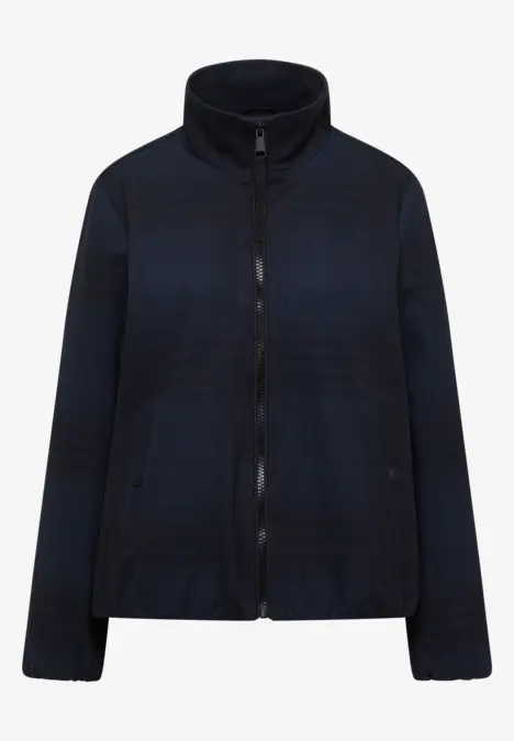 Veste matelassée bleu foncé avec fermeture éclair intégrale et col montant élégant.