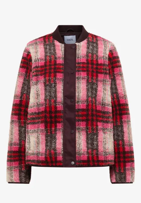 Karierte Jacke in Rot- und Rosatönen mit Druckknöpfen und geradem Schnitt.