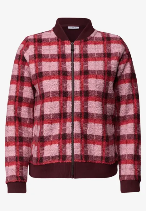 Roter-rosa Karo-Fleece-Bomber mit Reißverschluss und elastischen Bündchen.