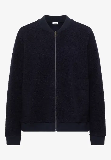 Kurz geschnittene, marineblaue Teddyfleece-Bomberjacke mit Reißverschluss und seitlichen Eingrifftaschen.