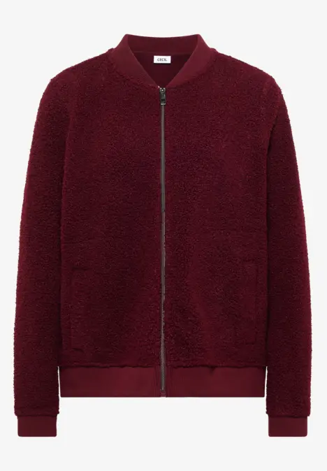 Bordeauxroter Teddy-Fleece-Bomber mit Reißverschluss, zwei Taschen, gerippte Bündchen und Saum.