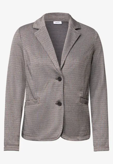 Grau-kariertes Damenblazer mit Reverskragen, zwei Knöpfen und aufgesetzten Taschen für eleganten Look.