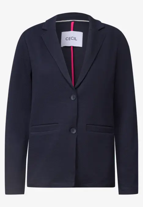 Navyblauer Blazer mit Reverskragen, zwei Knöpfen und Taschen.