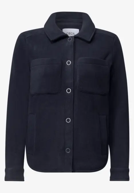 Zwarte fleece-overhemdjas met knopen en borstzakken.