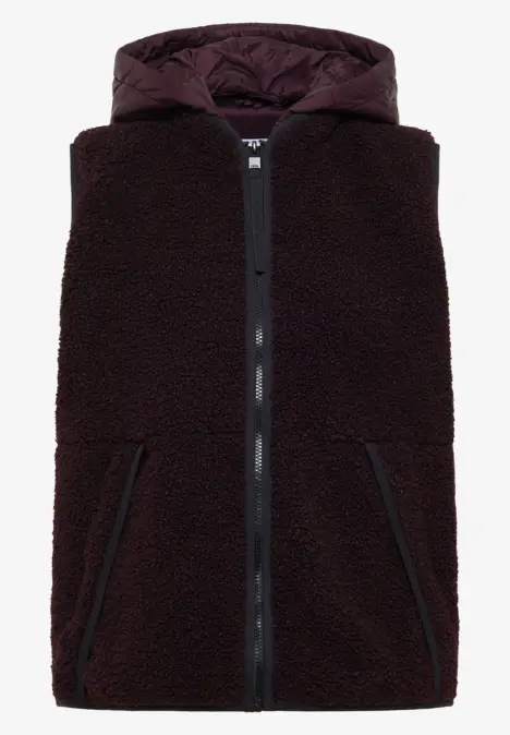 Ärmellose Fleece-Weste mit Kapuze, durchgehendem Reißverschluss und seitlichen Taschen in Dunkelbraun.