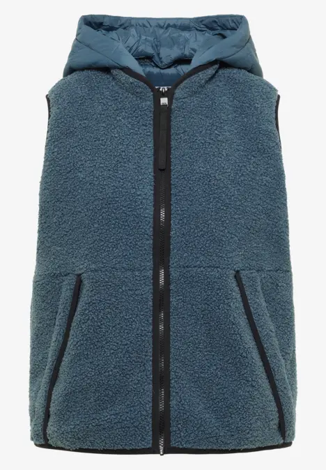 Ärmellose Teddyfleece-Weste in Blau mit Kapuze und durchgehendem Reißverschluss