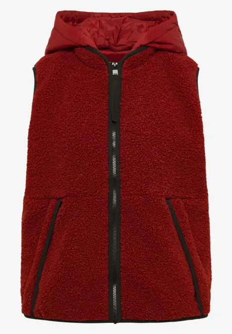 Rote, kuschelige Kapuzen-Weste mit Reißverschluss und Taschen, ideal für kühle Tage.