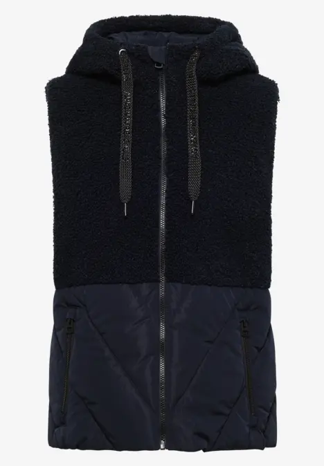 Ärmellose Weste in Dunkelblau mit Teddy-Fleece-Oberteil, Steppstoff-Unterteil, Kapuze und Reißverschluss.