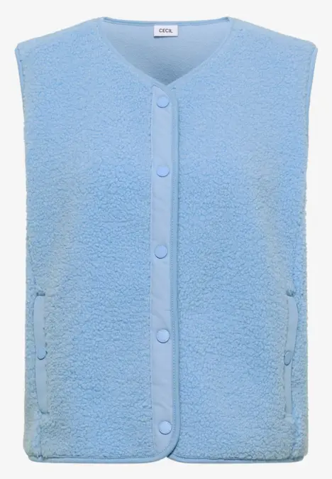 Hellblaue, ärmellose Fleece-Weste mit Knopfverschluss und V-Ausschnitt.