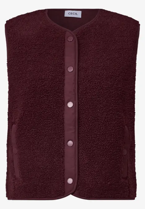 Ärmellose Fleece-Weste in Dunkelrot mit Knopfleiste und seitlichen Taschen.