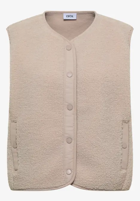 Beige, ärmellose Teddy-Fleece-Weste mit Knopfleiste und Taschen.