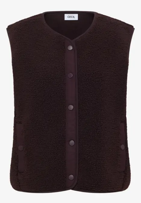 Dunkelbraune Teddyfleece-Weste mit Knopfleiste, ohne Ärmel, schlicht und warm.