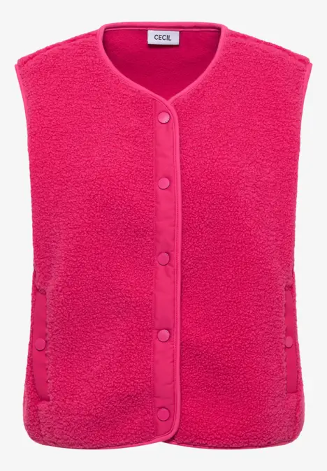 Knallpinke, ärmellose Fleece-Weste mit V-Ausschnitt und Druckknöpfen.