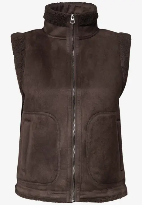 Dunkelbraune, ärmellose Fleece-Weste mit durchgehendem Reißverschluss und weichem, flauschigem Innenfutter.