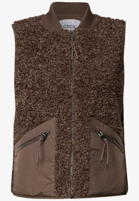 Braune Teddy-Fleece-Weste mit Front-Reißverschluss und zip-Taschen.