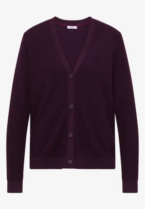 Dunkelviolette Strickjacke mit V-Ausschnitt und Knopfleiste.