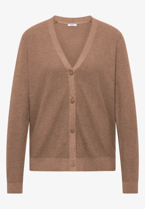 Braune Damenstrickjacke mit V-Ausschnitt und Knopfleiste.