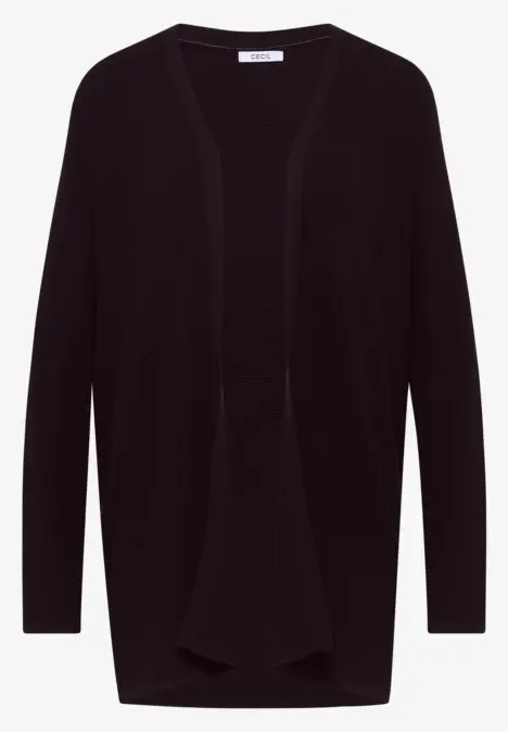 Schwarzer, langärmiger, offener Damen-Cardigan aus fließendem, weichem Stoff.