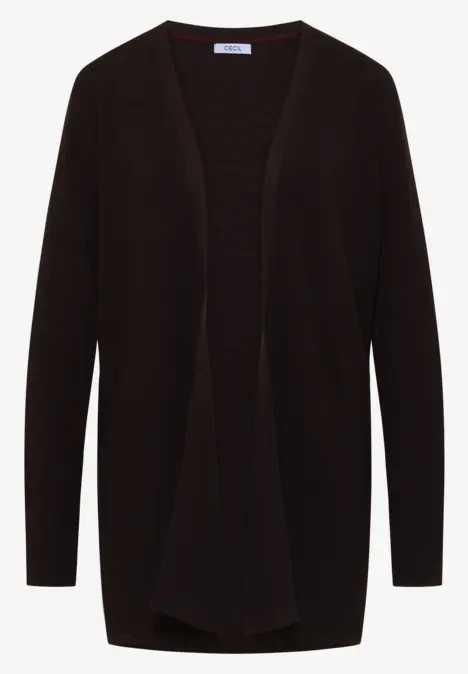 Schwarzer offener Cardigan mit langen Ärmeln.
