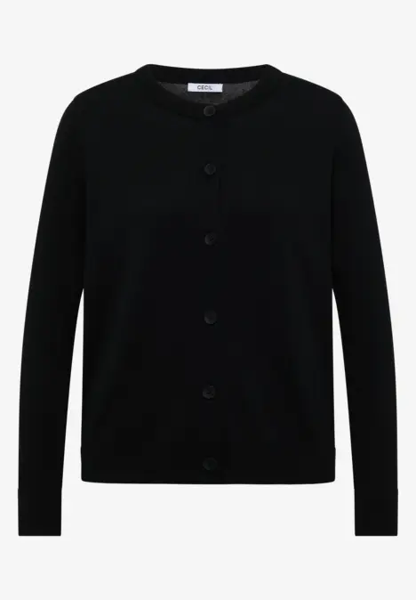 Schwarze, schlichte Strickjacke mit Knopfleiste und langen Ärmeln.