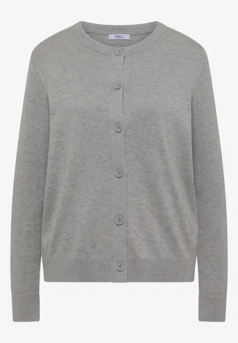 Graue Damen-Strickjacke mit Knopfleiste, Rundhalsausschnitt und langen Ärmeln.