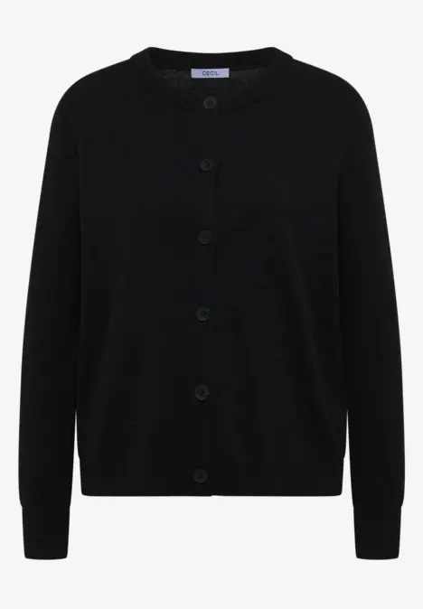 Schlichter schwarzer Cardigan mit Rundhalsausschnitt und Knopfleiste.