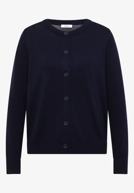 Dunkelblauer, klassischer Strick-Cardigan mit Rundhalsausschnitt und Knopfleiste.