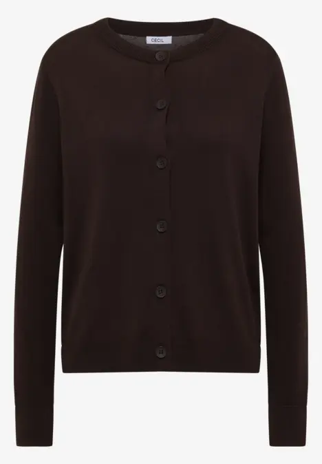 Dunkelbraune Strickjacke mit Knopfleiste, lange Ärmel und schlichter Rundhalsausschnitt.
