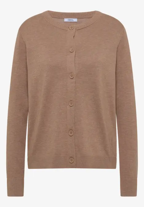 Brauner Damen-Strick-Cardigan mit Knopfleiste und Rundhalsausschnitt.