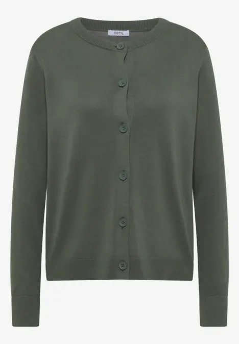 Grüner, langärmliger Cardigan mit Rundhalsausschnitt und Knopfleiste vorne.