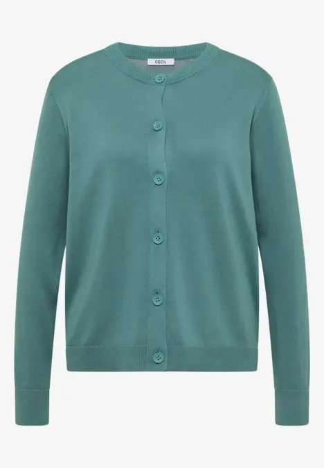 Schlichter smaragdgrüner Damen-Cardigan mit Rundhalsausschnitt und Knopfleiste.