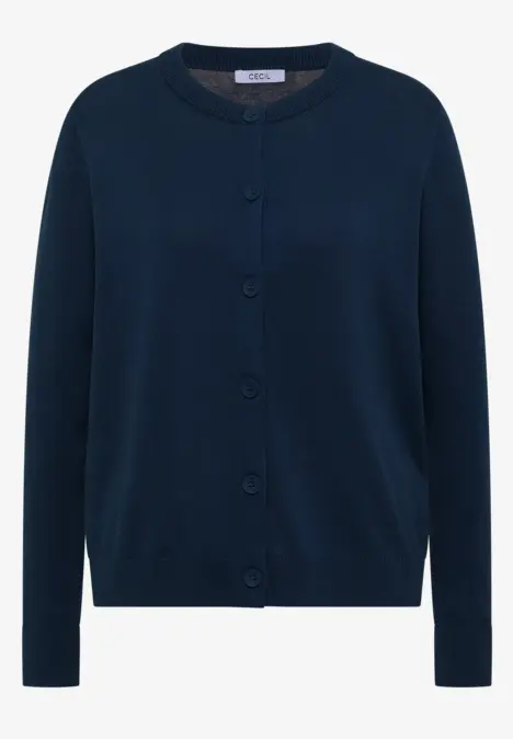 Dunkelblauer Damen-Cardigan mit Knopfleiste, Rundhalsausschnitt und langen Ärmeln.