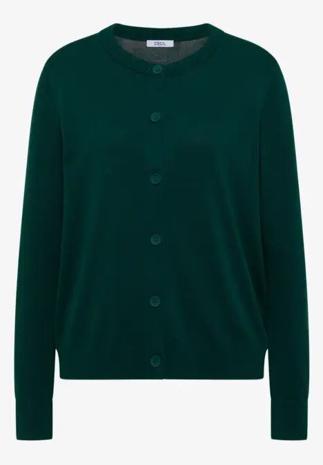 Dunkelgrüner Strickcardigan mit Knopfleiste und Rundhalsausschnitt.